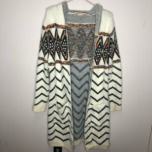 Chevron Boho Hooded Fuzzy Sweater Cardigan